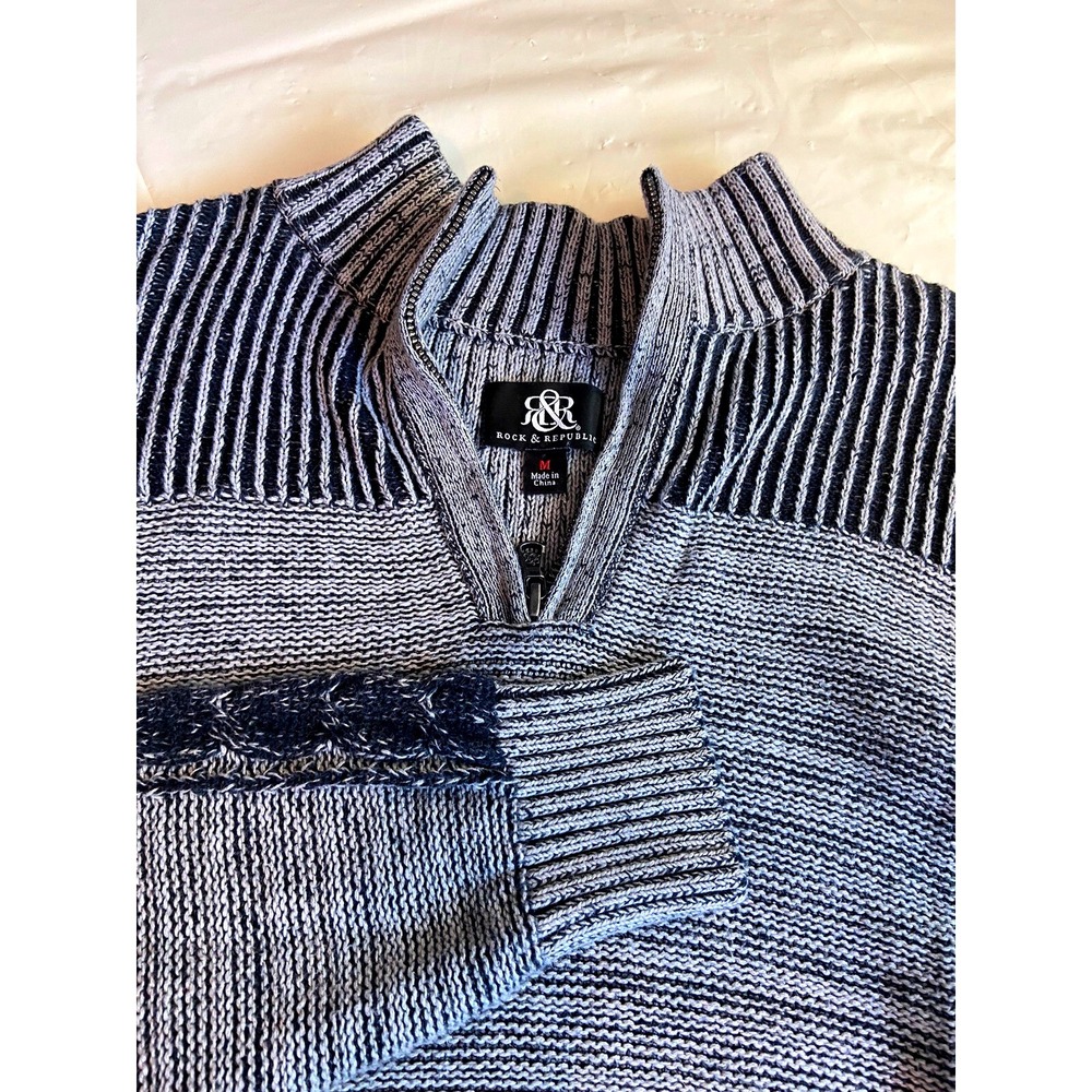 Rock & Republic Mens Gray Navy Blue Quarter Zip Cable Knit Mock Neck Sweater M
